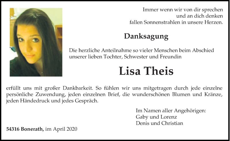  Traueranzeige für Lisa Theis vom 11.04.2020 aus trierischer_volksfreund