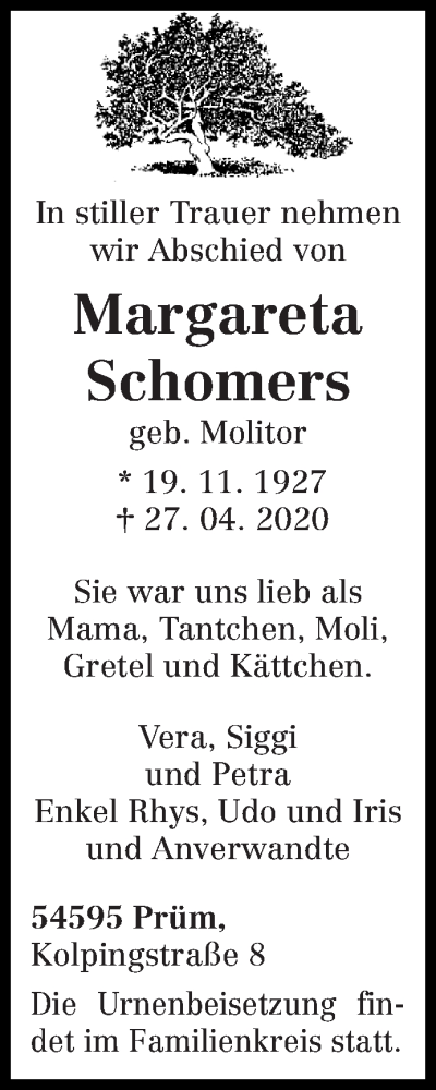  Traueranzeige für Margareta Schomers vom 29.04.2020 aus trierischer_volksfreund