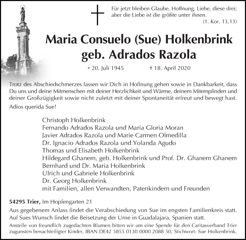  Traueranzeige für Maria Consuelo Holkenbrink vom 27.04.2020 aus trierischer_volksfreund