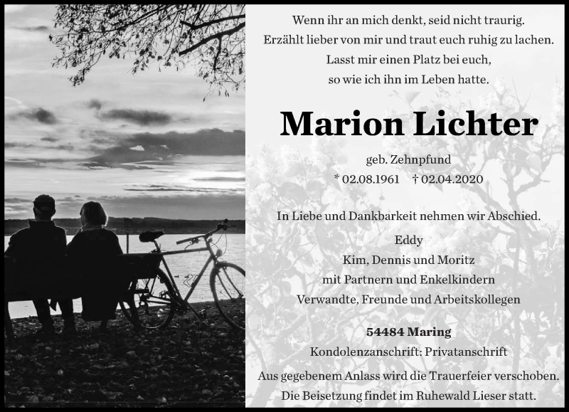  Traueranzeige für Marion Lichter vom 11.04.2020 aus trierischer_volksfreund