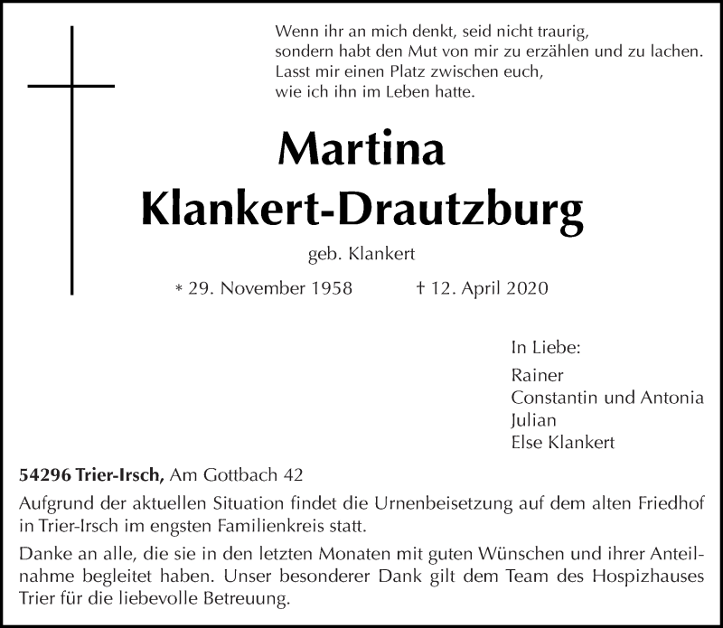  Traueranzeige für Martina Klankert-Drautzburg vom 18.04.2020 aus trierischer_volksfreund
