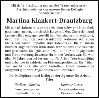 Traueranzeige von Martina Klankert-Drautzburg von trierischer_volksfreund