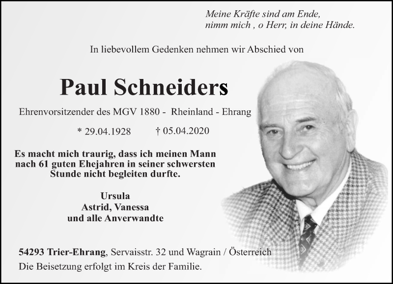  Traueranzeige für Paul Schneiders vom 11.04.2020 aus trierischer_volksfreund