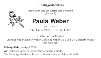 Traueranzeige von Paula Weber von trierischer_volksfreund