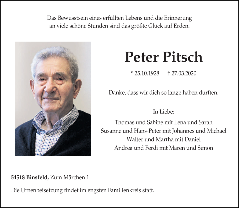  Traueranzeige für Peter Pitsch vom 01.04.2020 aus trierischer_volksfreund