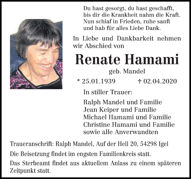  Traueranzeige für Renate Hamami vom 04.04.2020 aus trierischer_volksfreund