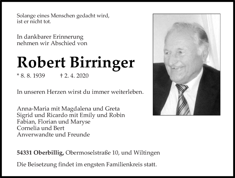  Traueranzeige für Robert Birringer vom 04.04.2020 aus trierischer_volksfreund