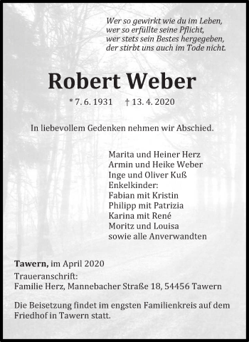 Traueranzeige von Robert Weber von trierischer_volksfreund