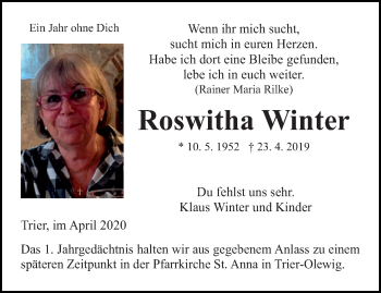Traueranzeige von Roswitha Winter von trierischer_volksfreund