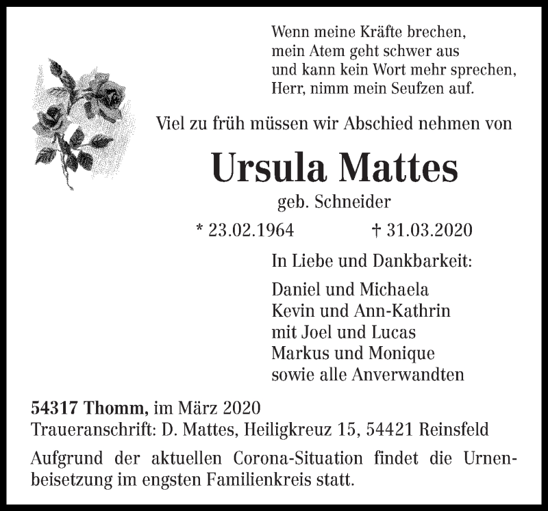  Traueranzeige für Ursula Mattes vom 04.04.2020 aus trierischer_volksfreund