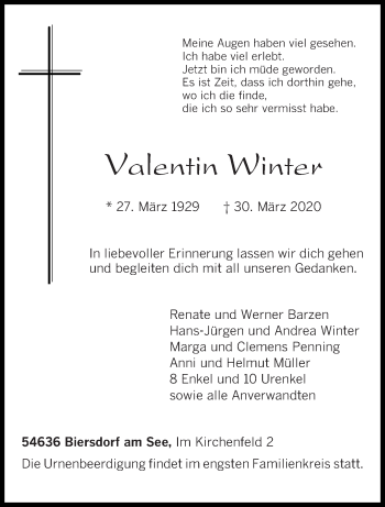 Traueranzeige von Valentin Winter von trierischer_volksfreund