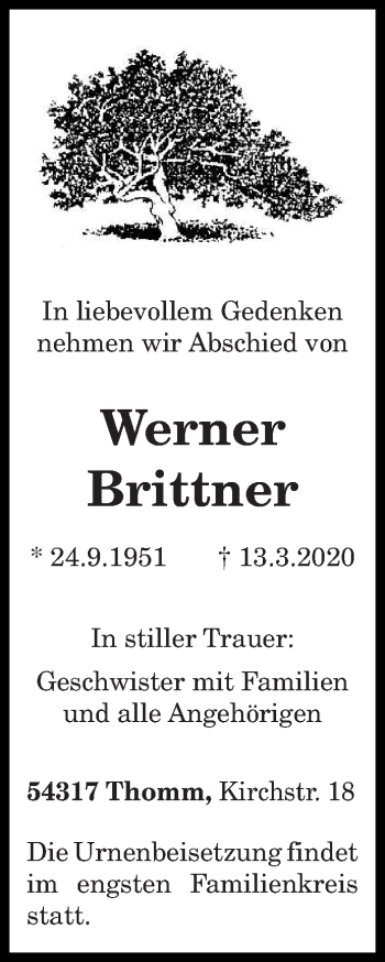 Traueranzeige von Werner Brittner von trierischer_volksfreund