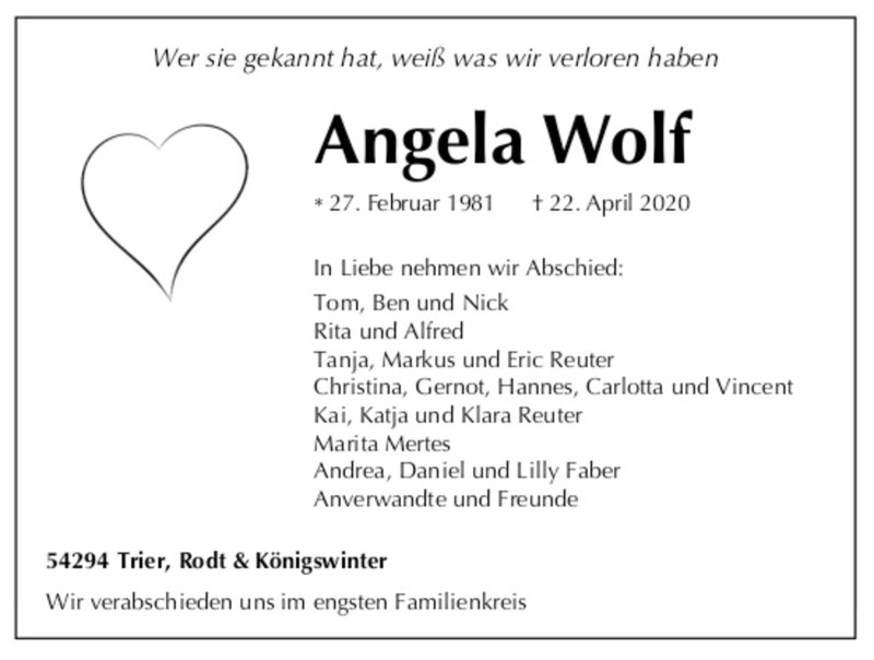  Traueranzeige für Angela Wolf vom 24.04.2020 aus TRIERISCHER_VOLKSFREUND