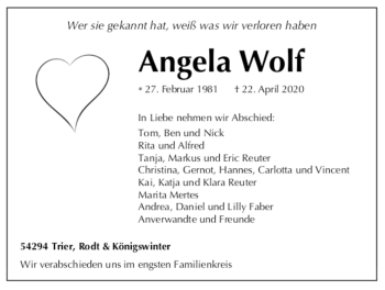 Traueranzeige von Angela Wolf von TRIERISCHER_VOLKSFREUND