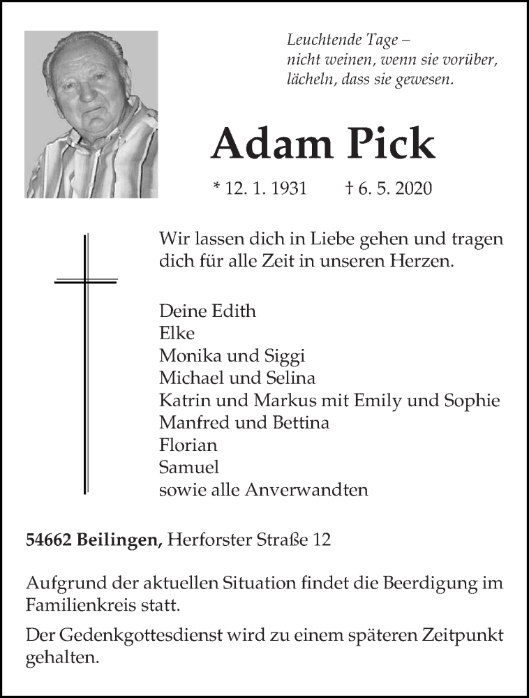  Traueranzeige für Adam Pick vom 09.05.2020 aus trierischer_volksfreund