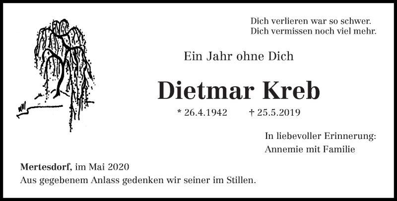  Traueranzeige für Dietmar Kreb vom 25.05.2020 aus trierischer_volksfreund