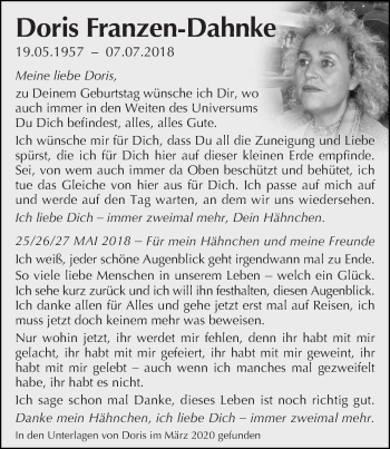 Traueranzeige von Doris Franzen-Dahnke von trierischer_volksfreund