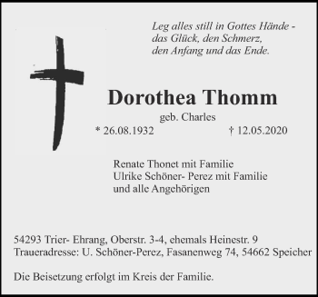 Traueranzeige von Dorothea Thomm von trierischer_volksfreund