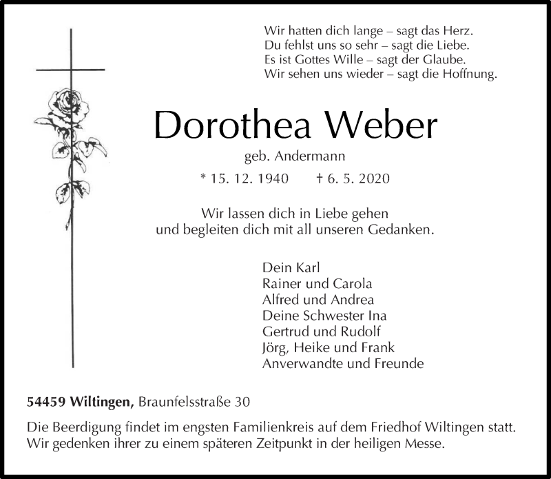  Traueranzeige für Dorothea Weber vom 09.05.2020 aus trierischer_volksfreund