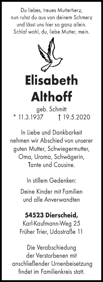 Traueranzeige von Elisabeth Althoff von trierischer_volksfreund