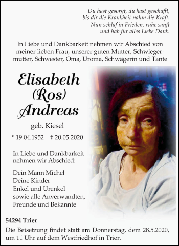 Traueranzeige von Elisabeth Andreas von trierischer_volksfreund