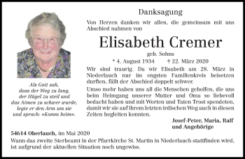 Traueranzeige von Elisabeth Cremer von trierischer_volksfreund