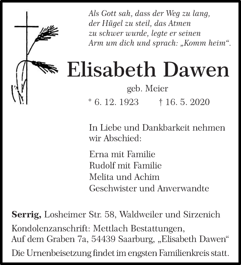 Traueranzeige für Elisabeth Dawen vom 23.05.2020 aus trierischer_volksfreund