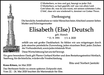 Traueranzeige von Elisabeth Deutsch von trierischer_volksfreund