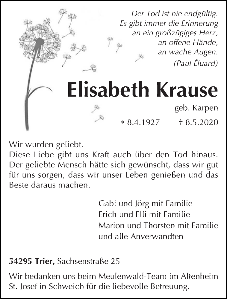  Traueranzeige für Elisabeth Krause vom 16.05.2020 aus trierischer_volksfreund