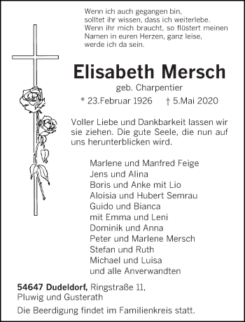 Traueranzeige von Elisabeth Mersch von trierischer_volksfreund