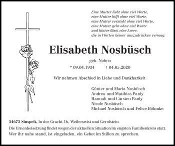 Traueranzeige von Elisabeth Nosbüsch von trierischer_volksfreund
