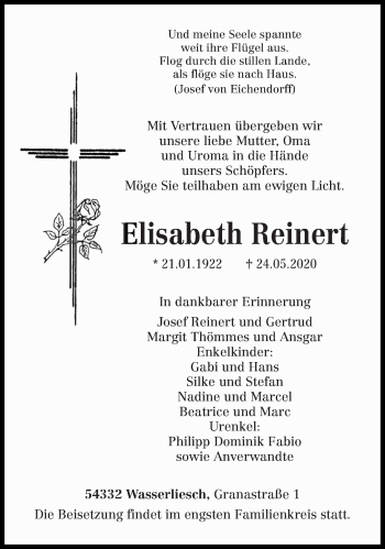 Traueranzeige von Elisabeth Reinert von trierischer_volksfreund