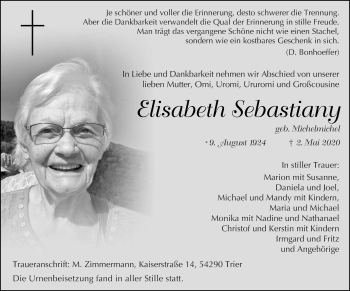 Traueranzeige von Elisabeth Sebastiany von trierischer_volksfreund