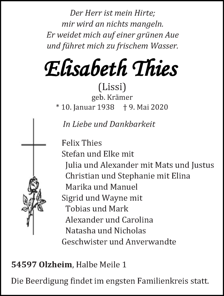  Traueranzeige für Elisabeth Thies vom 12.05.2020 aus trierischer_volksfreund
