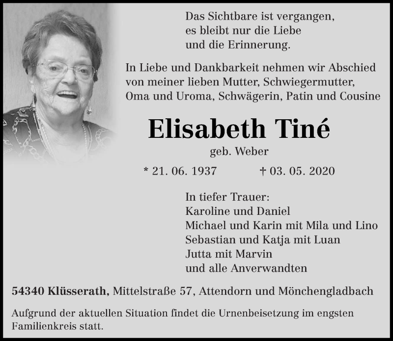  Traueranzeige für Elisabeth Tiné vom 06.05.2020 aus trierischer_volksfreund