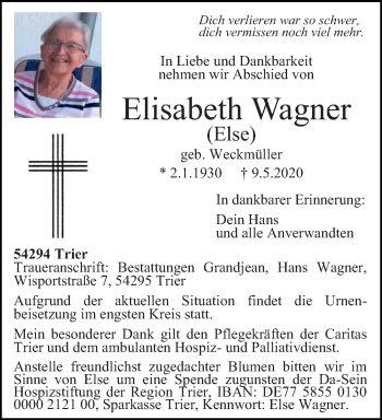 Traueranzeige von Elisabeth Wagner von trierischer_volksfreund