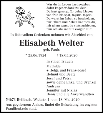 Traueranzeige von Elisabeth Welter von trierischer_volksfreund