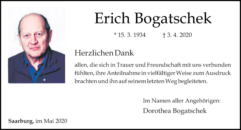  Traueranzeige für Erich Bogatschek vom 16.05.2020 aus trierischer_volksfreund