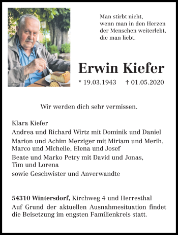 Traueranzeige von Erwin Kiefer von trierischer_volksfreund