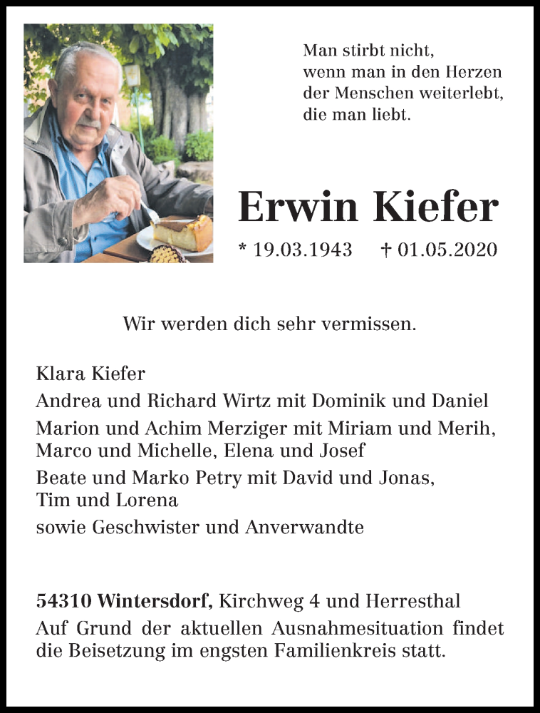  Traueranzeige für Erwin Kiefer vom 09.05.2020 aus trierischer_volksfreund