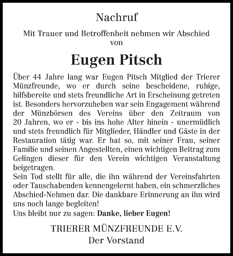  Traueranzeige für Eugen Pitsch vom 30.04.2020 aus trierischer_volksfreund