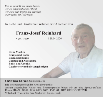 Traueranzeige von Franz-Josef Reinhard von trierischer_volksfreund