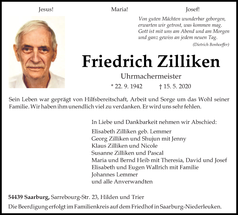 Traueranzeige für Friedrich Zilliken vom 20.05.2020 aus trierischer_volksfreund