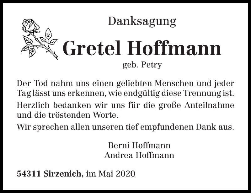  Traueranzeige für Gretel Hoffmann vom 23.05.2020 aus trierischer_volksfreund