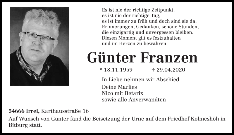  Traueranzeige für Günter Franzen vom 13.05.2020 aus trierischer_volksfreund