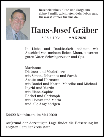 Traueranzeige von Hans-Josef Gräber von trierischer_volksfreund