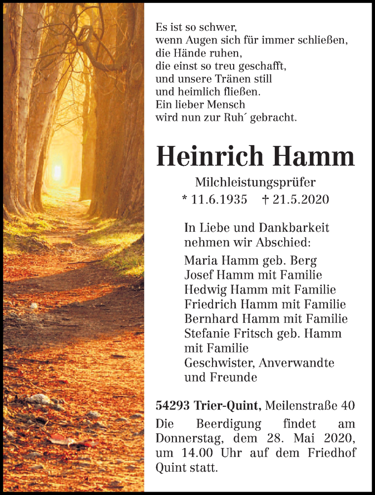  Traueranzeige für Heinrich Hamm vom 25.05.2020 aus trierischer_volksfreund