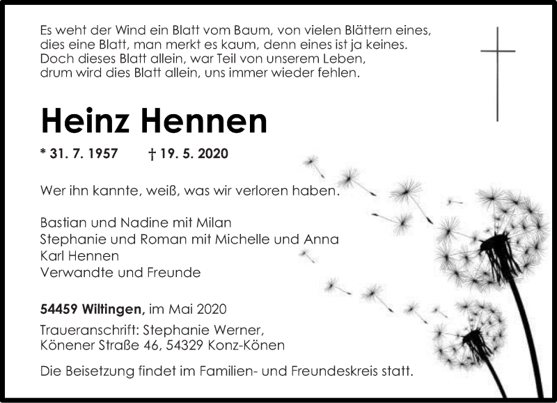  Traueranzeige für Heinz Hennen vom 23.05.2020 aus trierischer_volksfreund