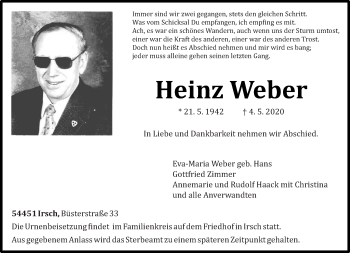 Traueranzeige von Heinz Weber von trierischer_volksfreund