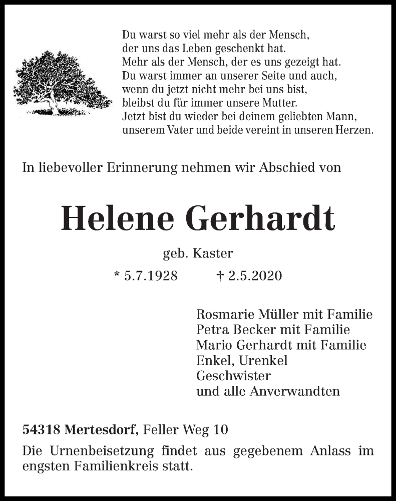  Traueranzeige für Helene Gerhardt vom 06.05.2020 aus trierischer_volksfreund